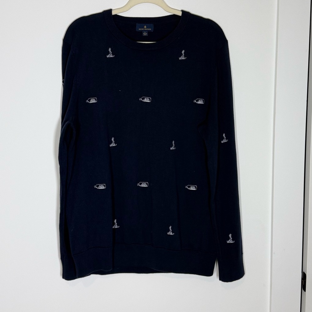 Brooks Brothers navy ship-in-a-bottle embroidered nautical crewneck L